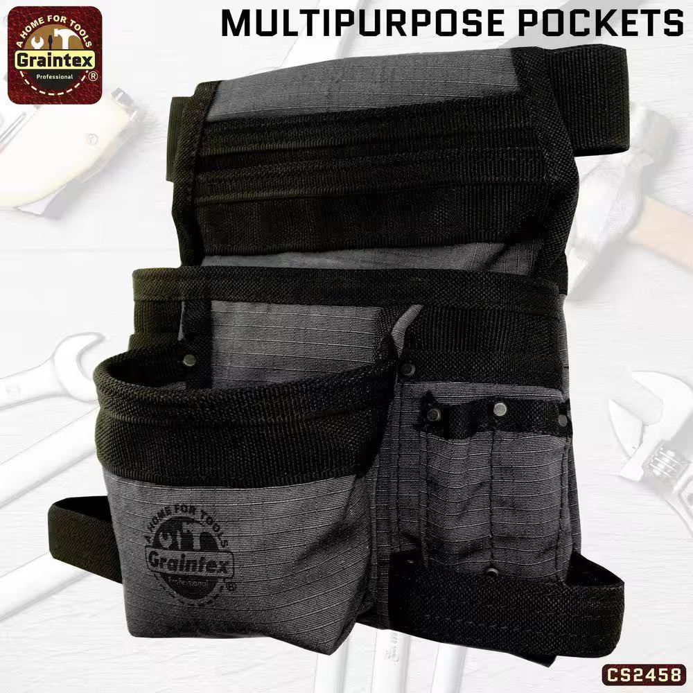 10-Pocket Black Canvas Finisher Tool Pouch with Belt