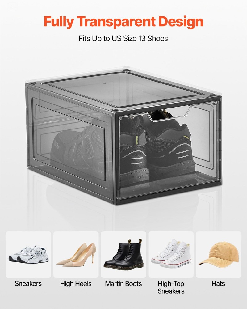 Stackable Shoe Boxes 6-Pack - US Size 13 Transparent Black Storage