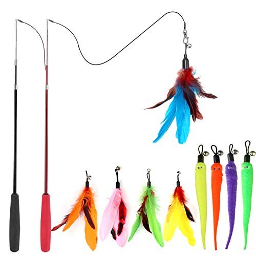 Interactive Cat Toy Set - 2 Retractable Wands & 9 Feather Refills for Indoor Cat