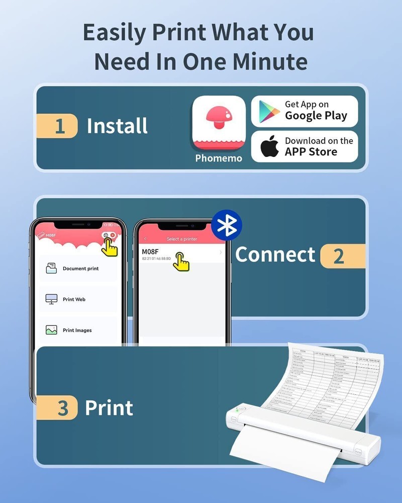 M08F Portable Bluetooth A4 Printer Inkless Thermal Printer for Android iOS PC