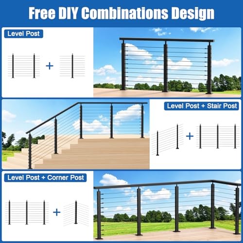 10-15ft Complete Set Cable Railing Post Kit, 3Pack 36" 10-15FT Level Post Kit