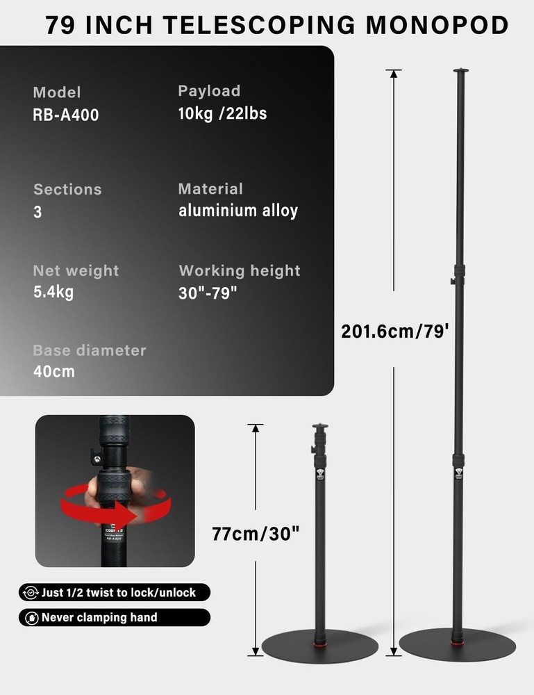 A400 Round Base Monopod Stand, 79'' Studio Light Stand with Flat Base, Alumin...