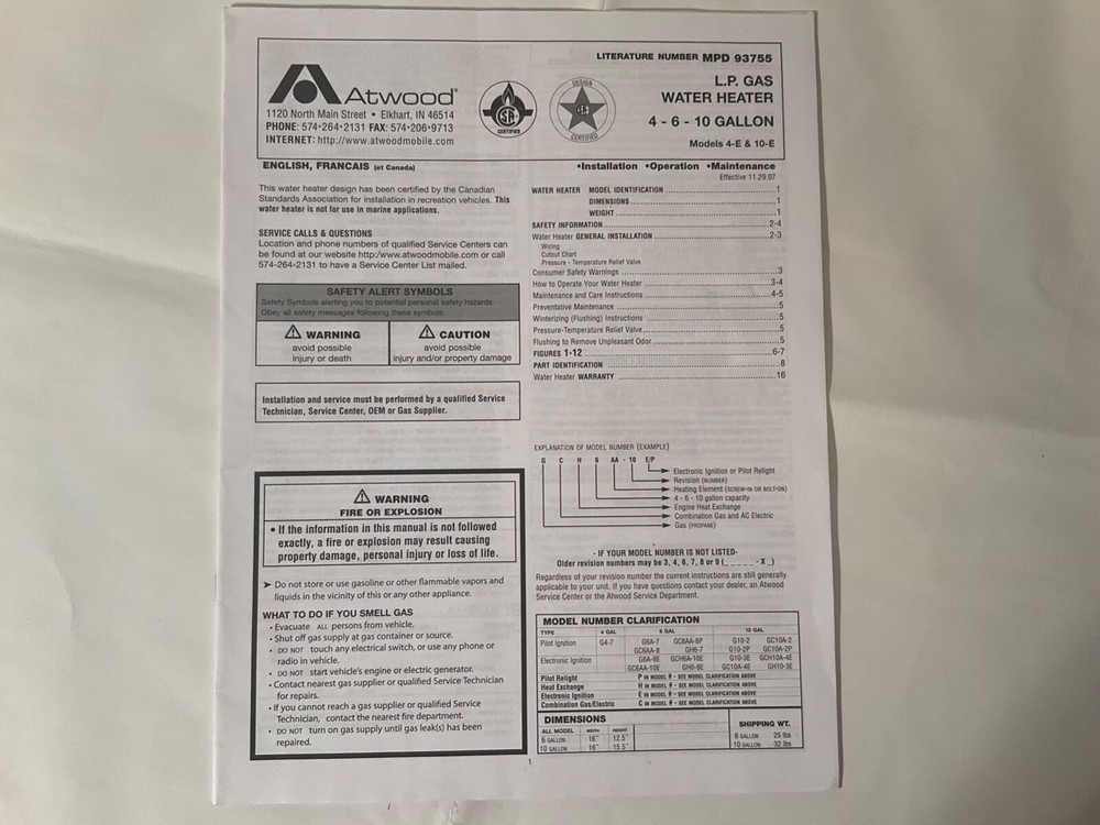 Atwood L.P. Gas Water Heater Guide Book Series 4-E &10-E *Manual MPD 93755*