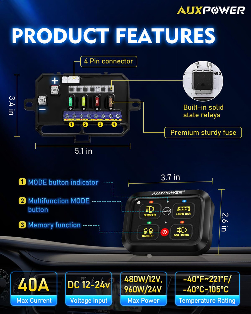 RGB 4 Gang Switch Panel A24 Auxiliary Switch Panel with Relays Box 3 Lighting Mo
