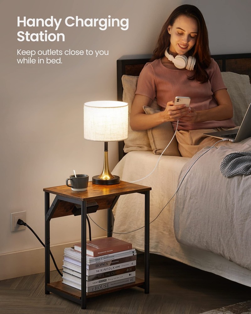 End Table Charging Station Small Side Table Nightstand USB Outlets Brown
