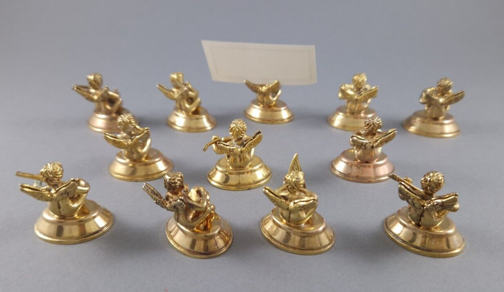 12 Sterling Silver gilt Place Card Holders cherubs