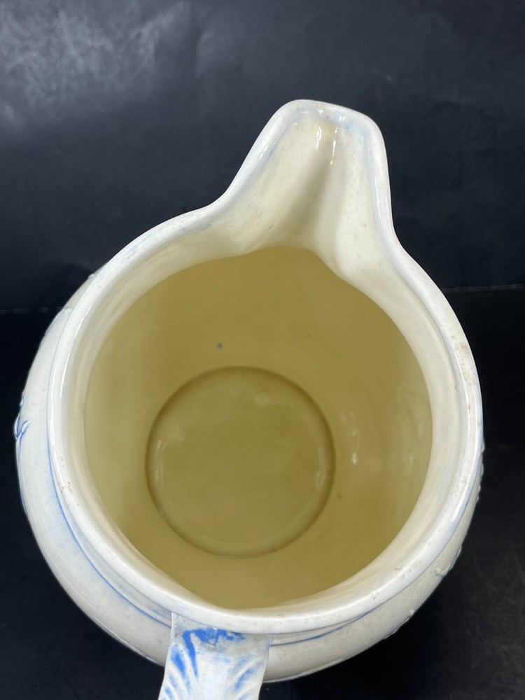 Christopher Colombus Studio Barna's Pottery Pitcher Blue White Relief Scene