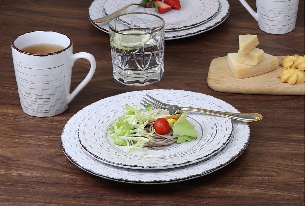 Dinnerware Set White Weave Distressed Design 16 Piece Stoneware Food Service
