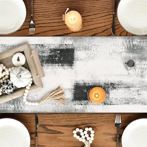 and White Abstract Modern Table Runner, Art 13" x 72", Table Runner Grey