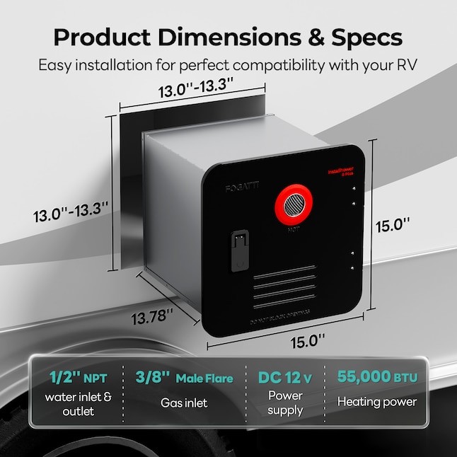 FOGATTI 2.9GPM 55000BTU RV Tankless Water Heater Propane w/15"x18" Black Door