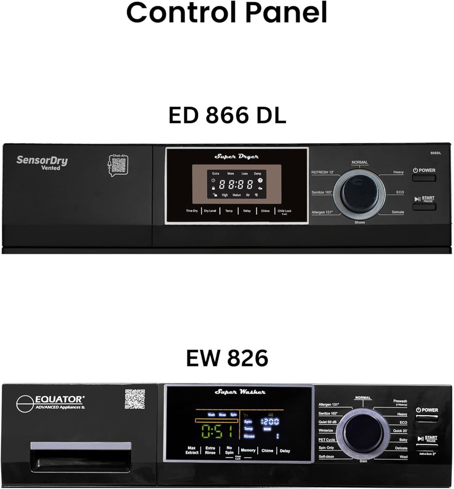 COMPACT STACKABLE LAUNDRY Washer EW 822 1.57Cf + Dryer ED 866 3.1Cf 110V (Black)