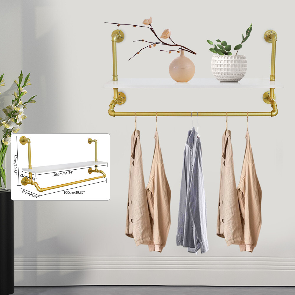 Wall Mounted Garment Rack Heavy Duty Pipe Clothes Rail w/ Open Shelf Space-Save