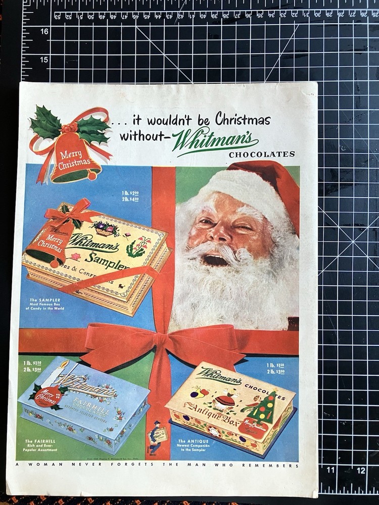Vtg Whitman's Chocolates Sampler Christmas 1947 Print Ad Santa Candy Boxes