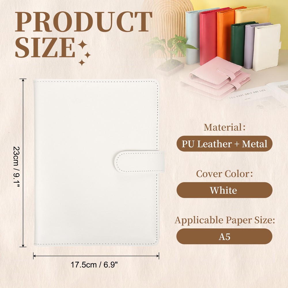 A5 PU Leather Binder Protector, 6 Ring Loose Leaf Notebook Shell, White