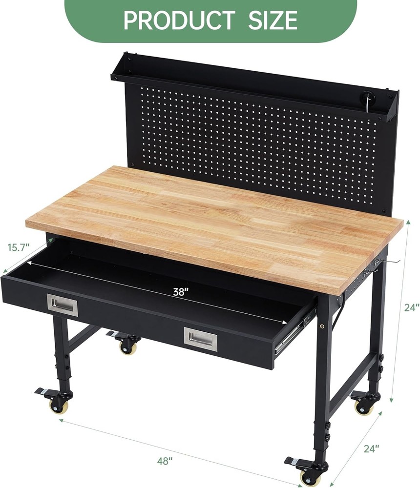 48"Garage Workbench|Pegboard,Drawers,Power Outlet|Tool Bench&Wheels for Workshop