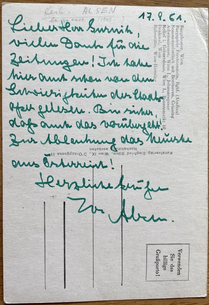 German Opera Singer Herbert Alsen Autograph Letter