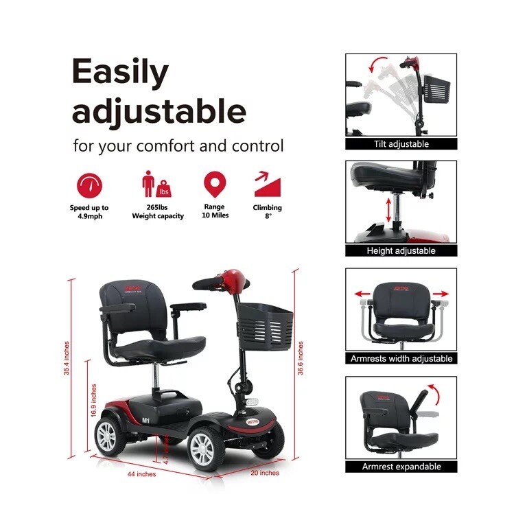 Mobility Scooter 4 Wheel Speed 5 Mph, Max Load 265lbs,Adults with Head Light
