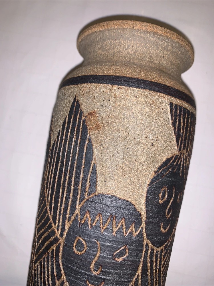 Vintage Handmade Clay Compact Vase (Ethnic Faces Pattern) 7 1/4” Tall