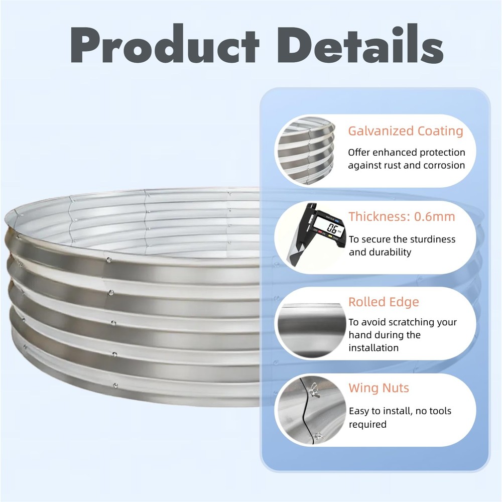 48 Inch Round Galvanized Fire Pit Ring, Durable Steel Bonfire 4FT, Silver