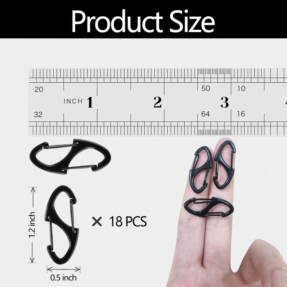 Mini Carabiner Clips, 18pcs Double-Sided Spring Small 1.2 x 0.5", black