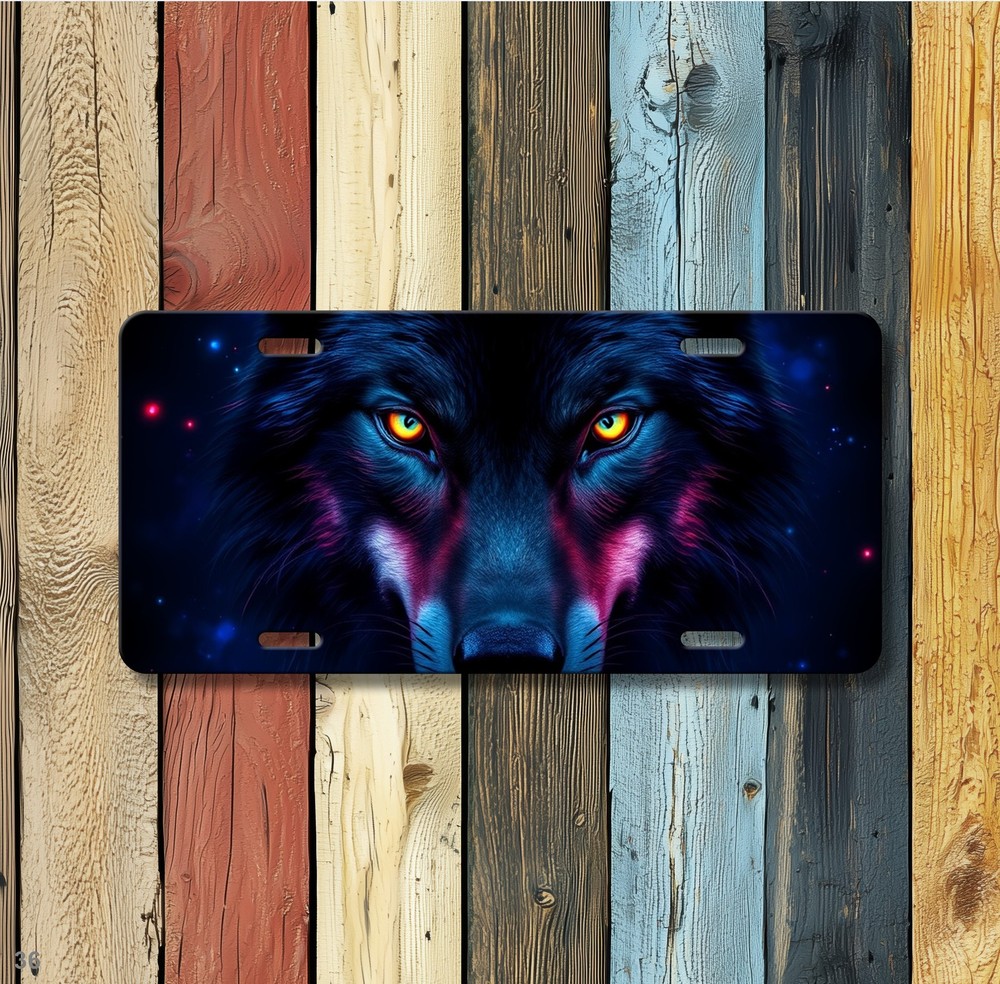 Intense Wolf License Plate Optional Text Auto Tag Anniversary Gift