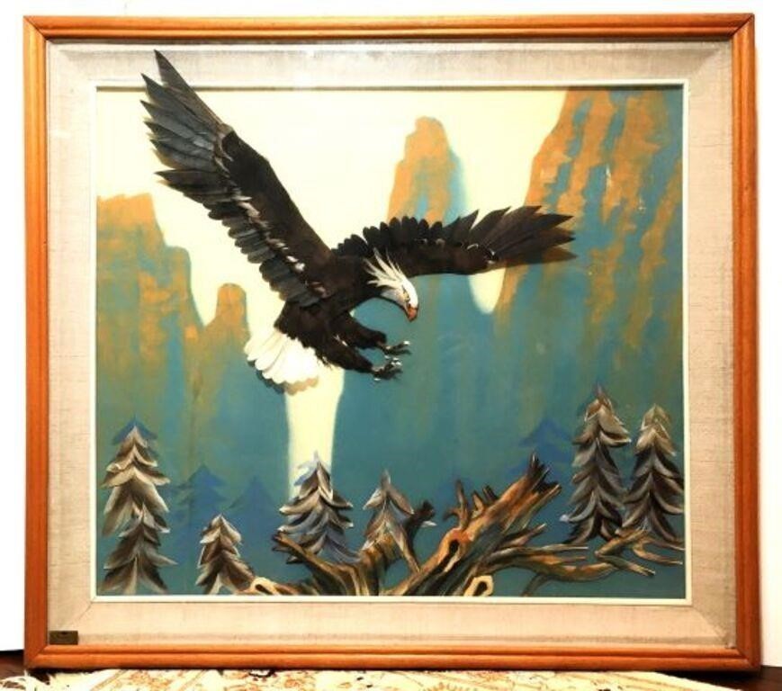 Multi Media 3D Bald Eagle in Flight Shadow Box Framed 37" x 33"