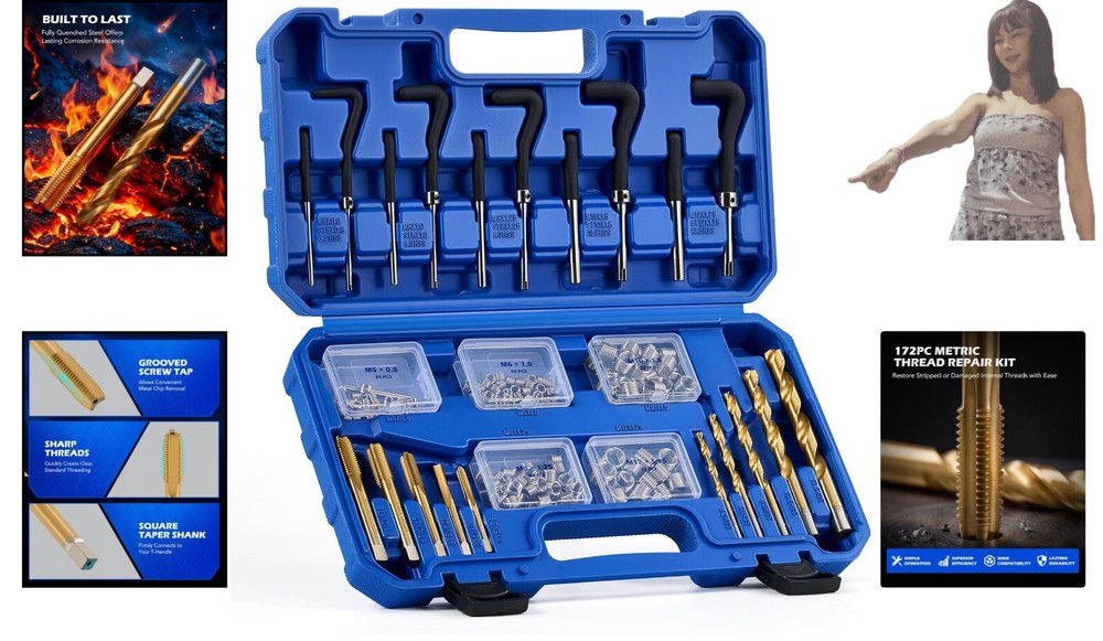 172pc Metric Thread Repair Kit with HSS Drill Bits & Breakoff Tools - M5 to M12