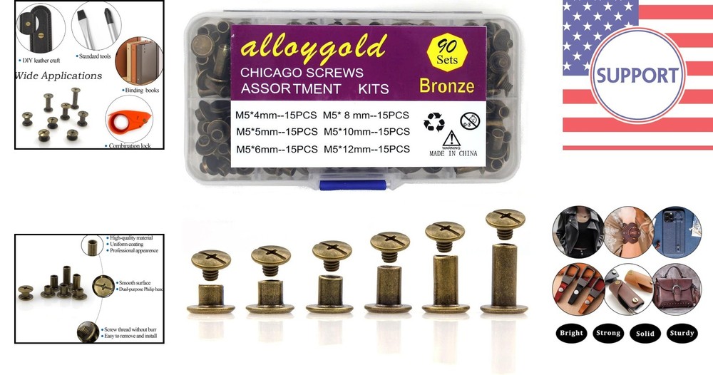 Durable Bronze Leather Rivets - 90 Sets with 6 Sizes for Creative Bookbinding