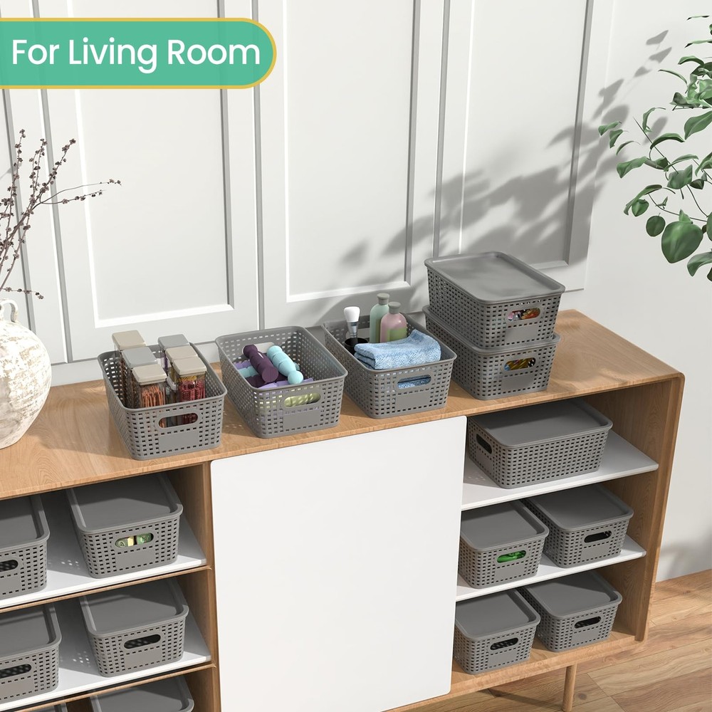 Ohmlove Plastic Storage Baskets with Lid - Stackable Containers Organizer Bins