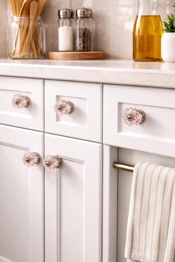 Pink Crystal Glass Cabinet Knobs – Decorative Drawer Pulls with Silver Met