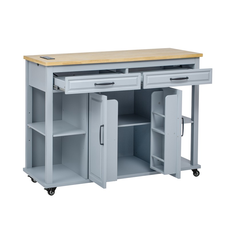 Kitchen Island with Extendable Dining Table, Rolling Wheels, Storage, Power