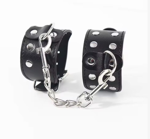 Black PU Leather Rivet Handcuffs – Adjustable BDSM Wrist Restraints Cuffs