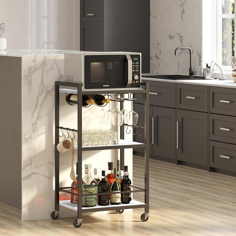 Elegant Marble White Bar Cart with Wine Rack - Stylish Multi-Function Design