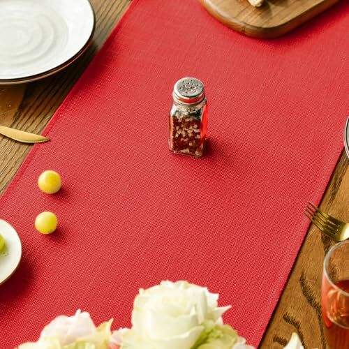 Tassel Table Runner, Christmas Linen Blend Rustic 13" x 48", Table Runner Red