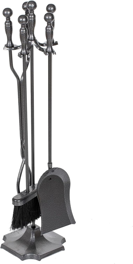 Elegant 5-Piece Wrought Iron Fireplace Tool Set with Silver Pattern - Grey