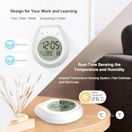 Shower Clock Waterproof, Bathroom Clock with Temperature & Shower Timer, White