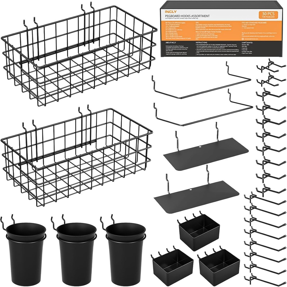 Versatile Pegboard Hooks and Baskets Set - 30 Pieces for Craft and Tool Storage