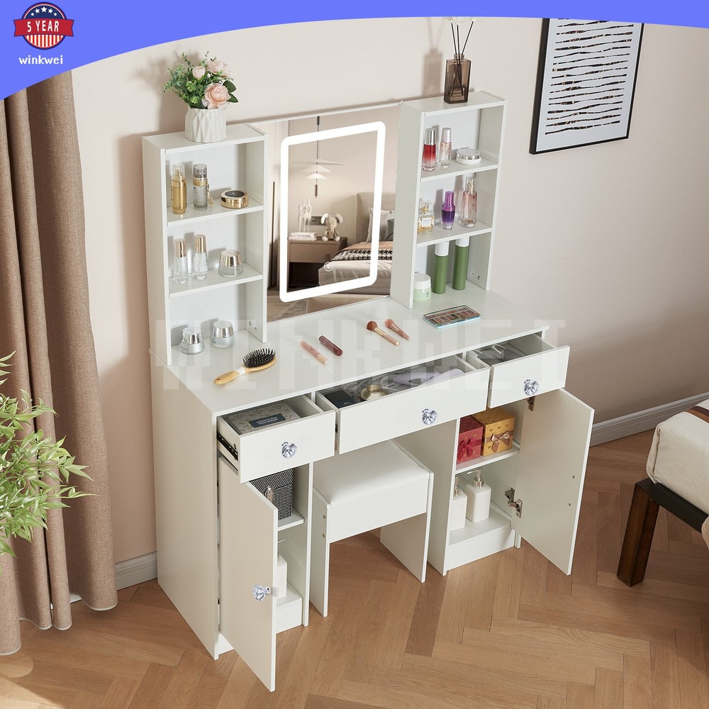 Makeup Vanity Table with Smart LED Mirror 5 Drawers & Crystal Pull Dressing Desk