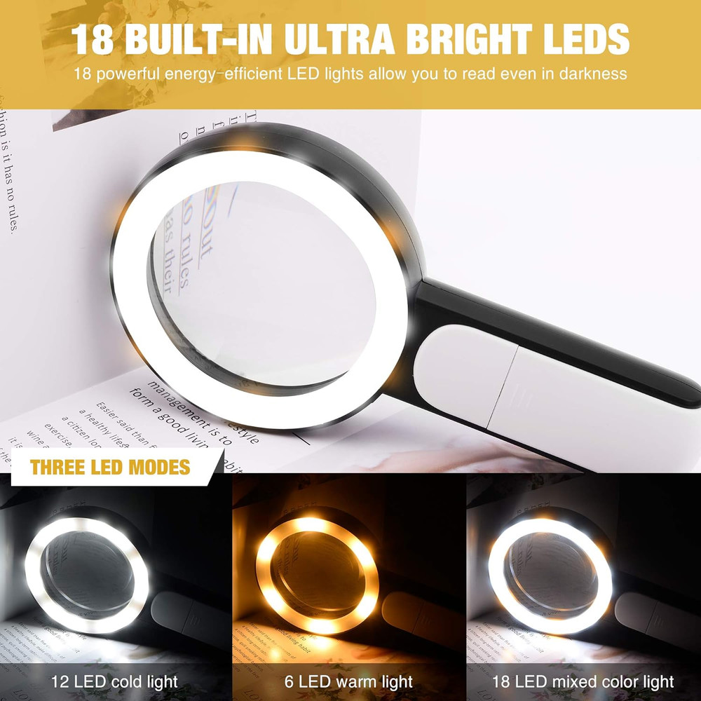 30X Handheld Magnifying Glass with 18 LED Lights – 3 Light Modes