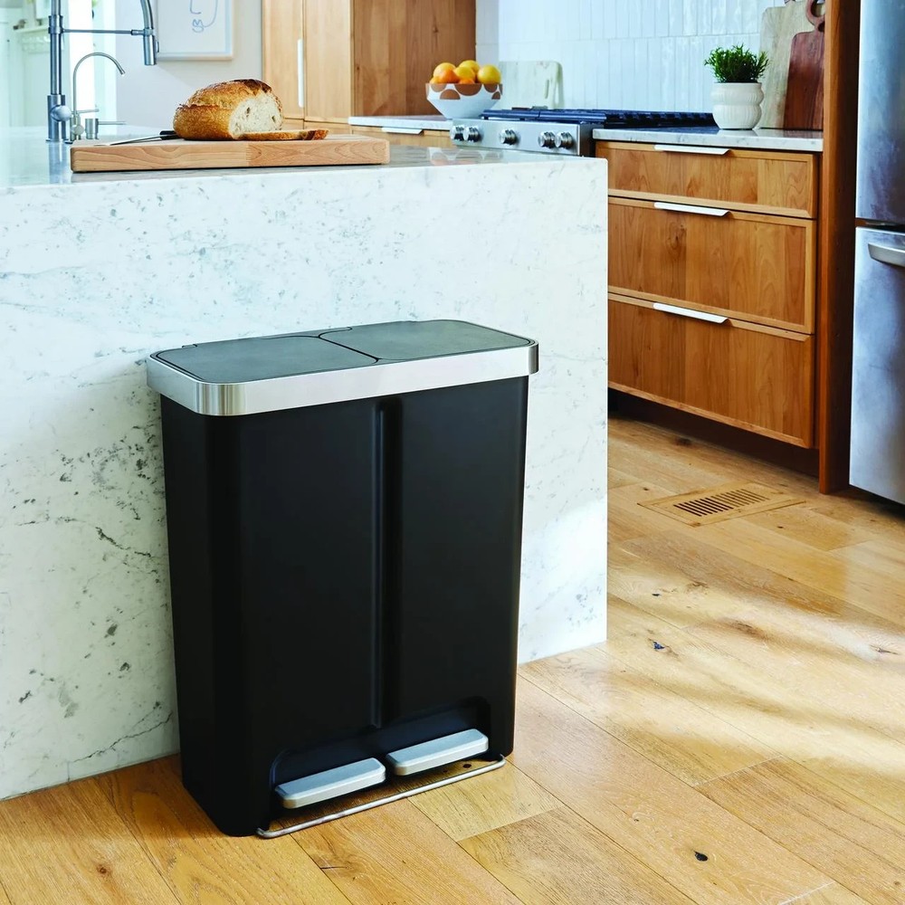 Kitchen Recycle Trash Can, 16 Gallon Plastic Dual Compartment Step Garbage Bin