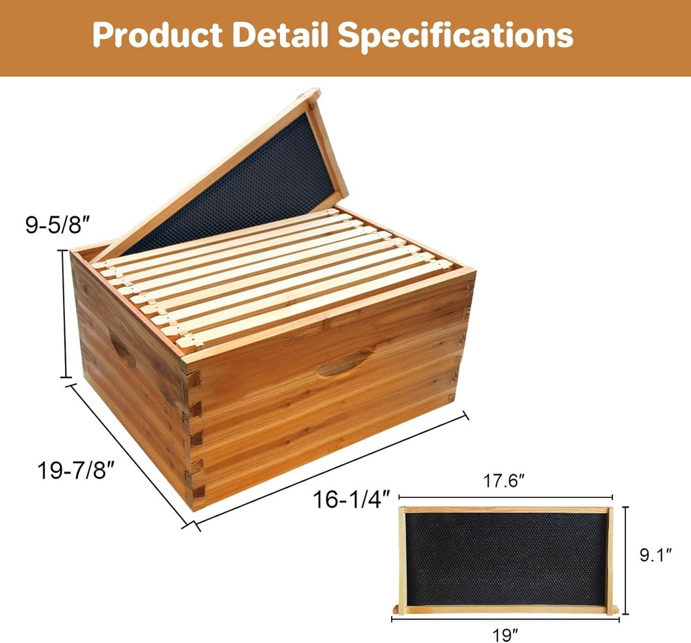10 Frame Langstroth Honey Super Bee Hive Box w/ Beehive Frames &Wax Foundations