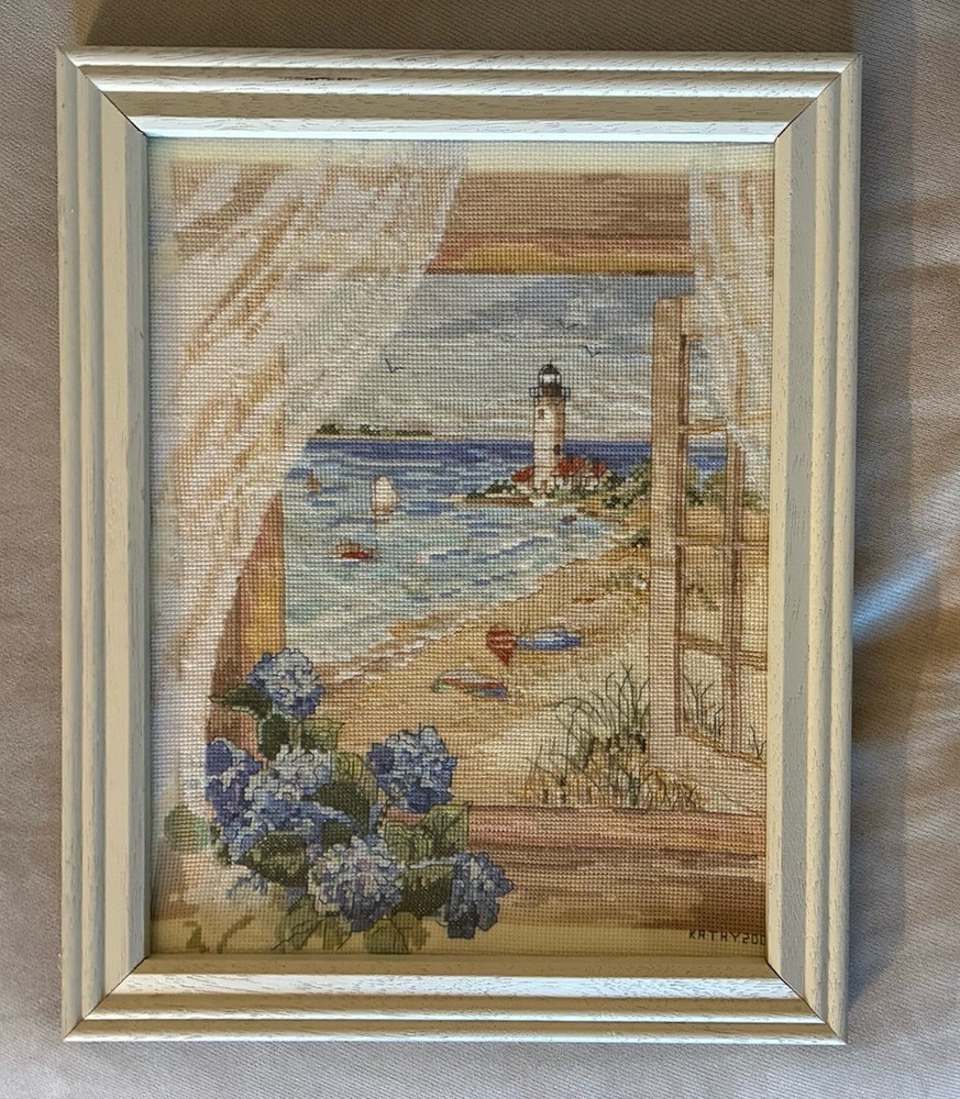 Lighthouse Completed Cross Stitch Window View Beach Hydrangeas Framed w/Glass