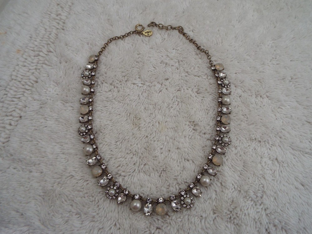 LOFT Brasstone Rhinestone White Bead Necklace