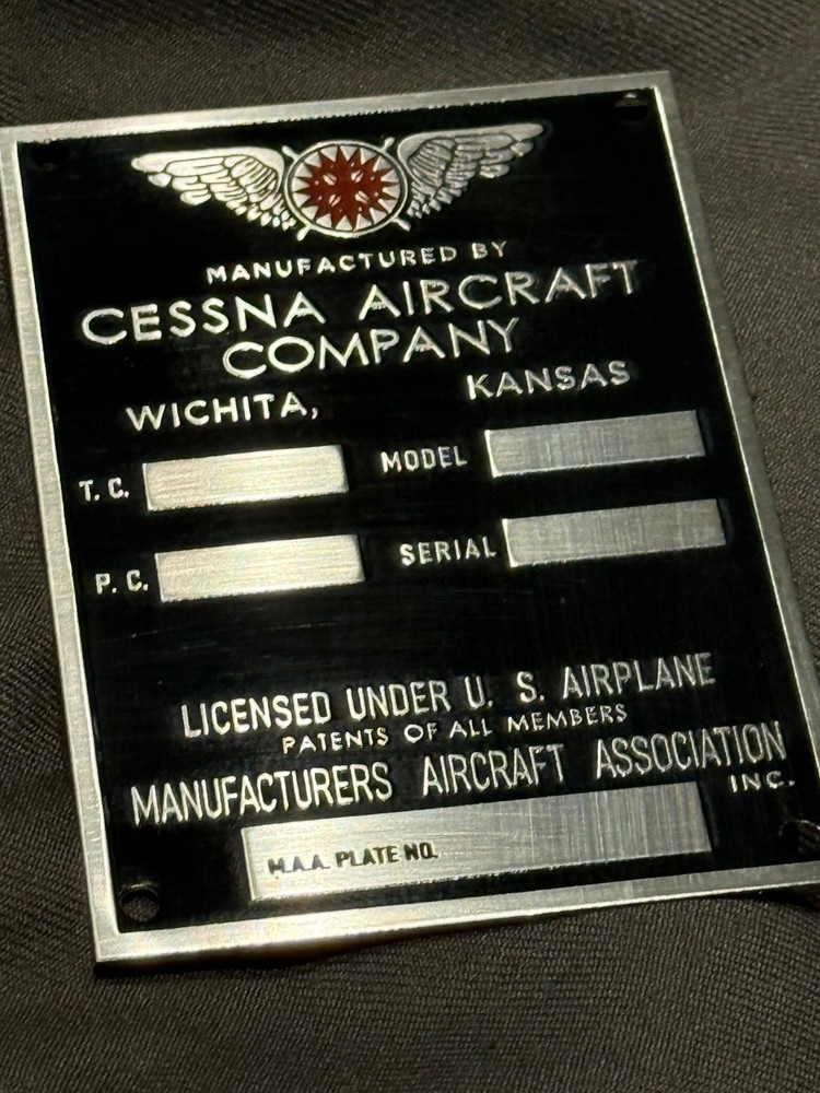 Vintage Cessna Aircraft Data plate