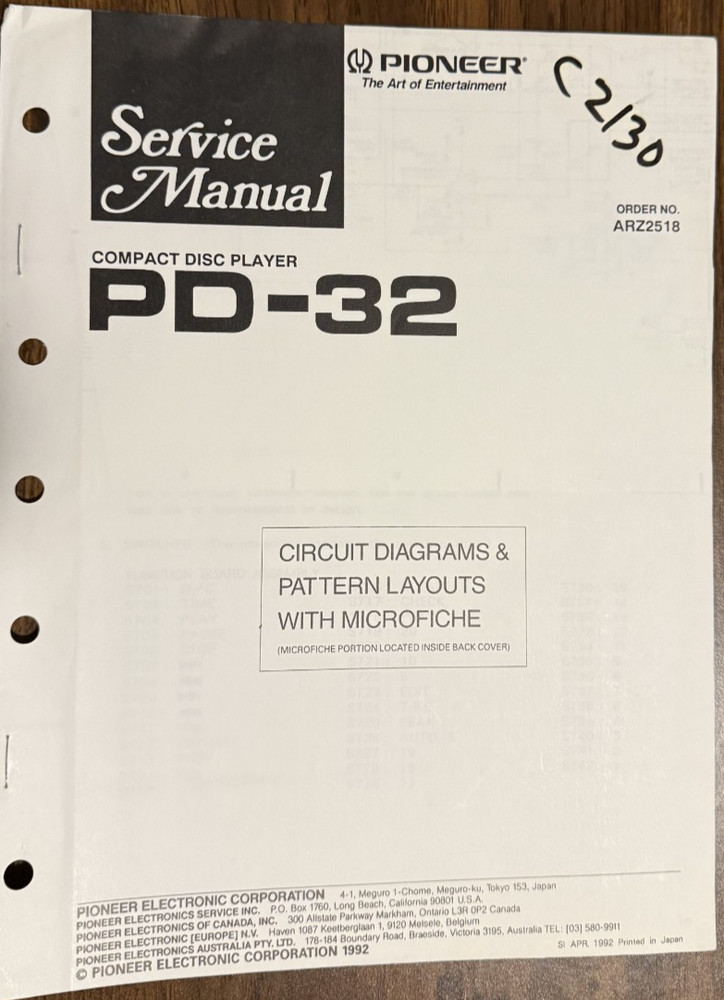 Pioneer PD-32 Compact Disc Player Original Service Repair Manual With Microfiche