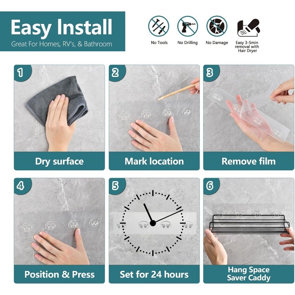 4 Pack Adhesive Replacement, Strong Shower Shelf Hooks for Corner