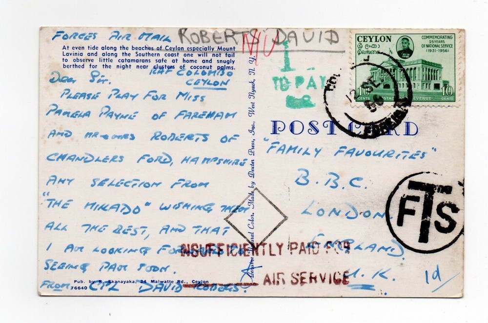 CEYLON: Postcard to England 1956, postage due.