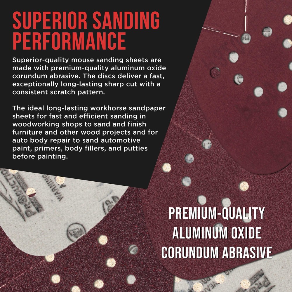 80 Grit 12-Hole Pattern Hook & Loop Mouse Sander Sandpaper Sheets, Box of 45