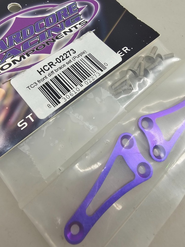 Hardcore Racing TC3 Front Differential braces Purple, some hardware removed