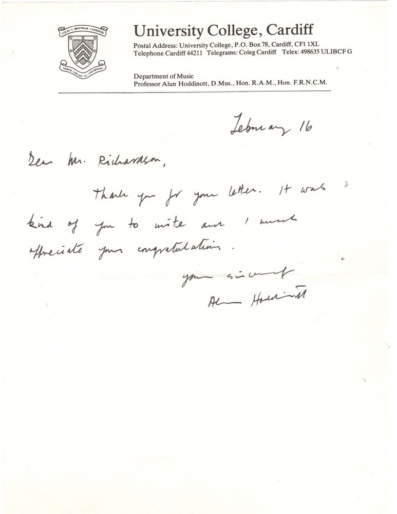 Alun Hoddinott Signed Letter 1980s / Autographed Composer